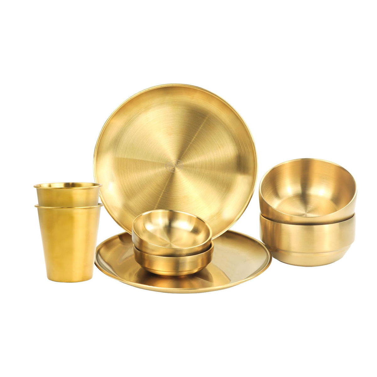 8 Piece Gold Cutlery Set, 9 inch Padded Dinner Plate, 4.7 inch Non-Breakable Soup Bowl, 3.5 inch Sauce Plate and 10.5 oz Metal Cup, 304 Stainless Steel, Stackable Cutlery for Kitchen Barbecue Parties