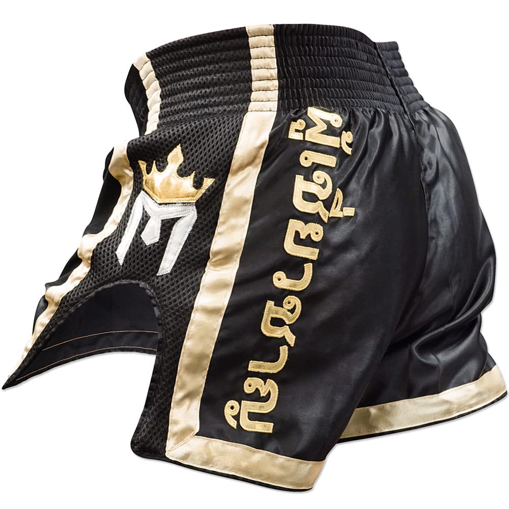 Meister ELITE Muay Thai Shorts - Fully Elasticated Waist w/Mesh - Black/Gold - Small (30-31)