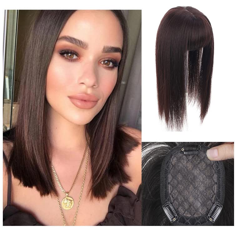 Uotp Synthetic Hair Crown Topper Closure Women Top Toupees Silky Straight Hair Topper Hairpieces Hair Bang with Clips Hair Extensions (14" Straight, Dark Brown)