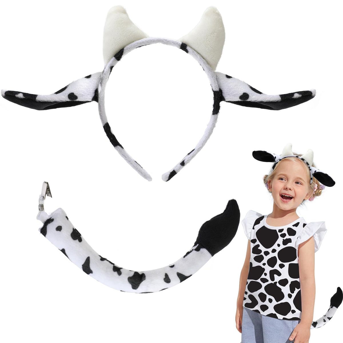 Hifot Cow Ears Headband and Tail Set, Cute Animal Headband Tail Set, Animal Costume Kids Cow Costume Kids Adult for Halloween Carnival Cosplay Party Birthdays World Book Day Dress Up