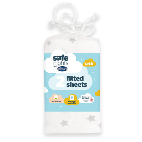 Silentnight Safe Nights Crib Size Fitted Sheets Set 100% Jersey Cotton Bedside Compatible Pack of Two Grey Star Easy Care Super Soft Cuddly for Baby with Storage Bag (40cm x 90cm x 11cm)