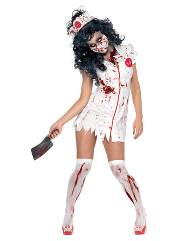 Smiffys Zombie Nurse Costume, White with Dress, Mask & Headpiece, Halloween Zombie Alley Fancy Dress, Zombie Dress Up Costumes