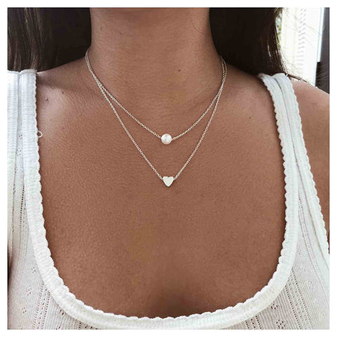 Yheakne Boho Layered Pearl Heart Necklace Silver Love Heart Pendant Necklace Elegant Pearl Necklace Chain Jewelry for Women and Girls