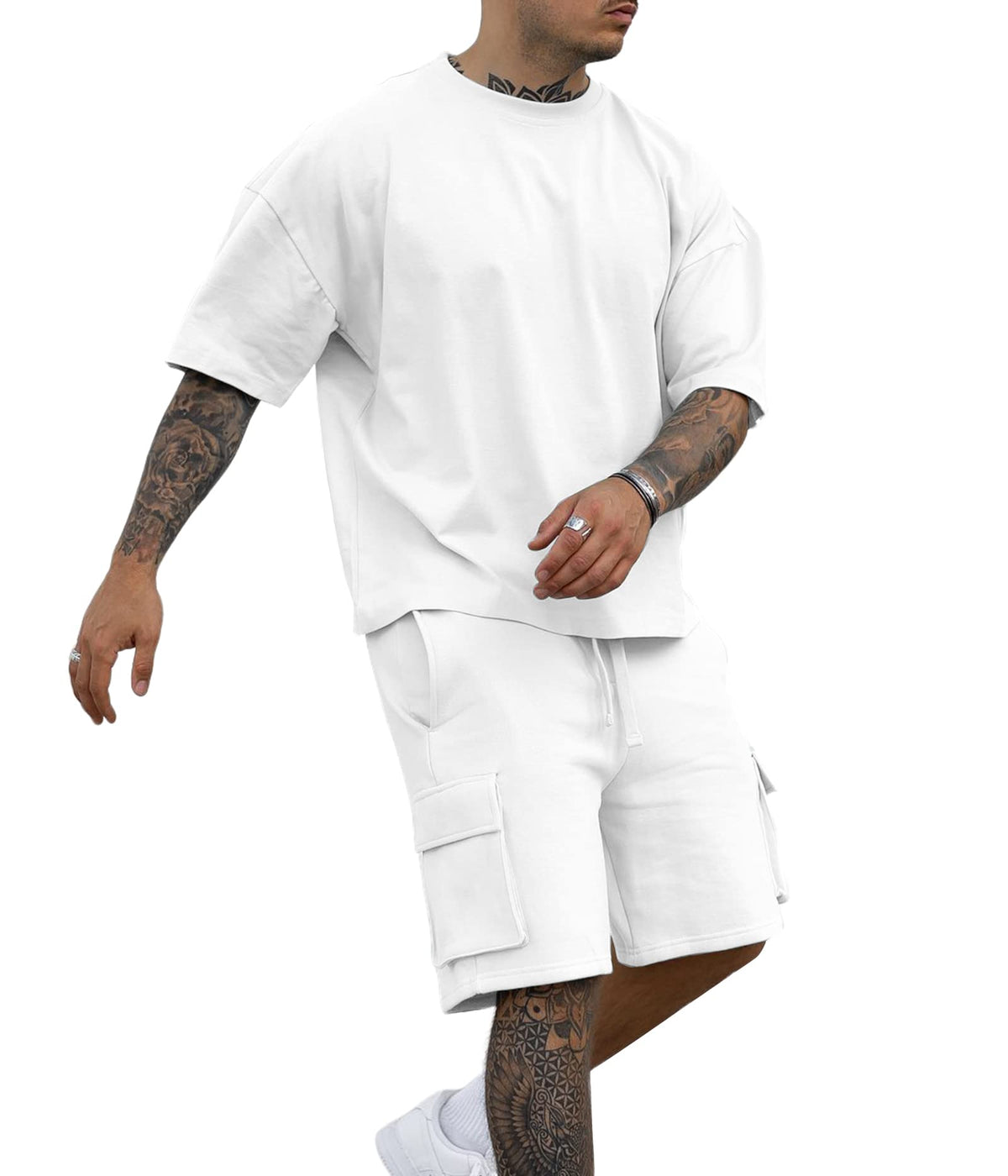 YawYews Men's 2 Piece Outfits Casual Tracksuit Cargo Shorts Summer Athletic Drop Shoulder Sleeve Sportwear Set