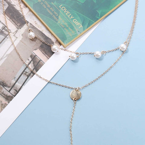 Yheakne Boho Layered Disc Pearl Necklace Gold Coin Pendant Necklace Long Y Lariat Necklace Chain Vintage Pearl Dangle Chain Necklace Jewelry for Women and Girls Gifts