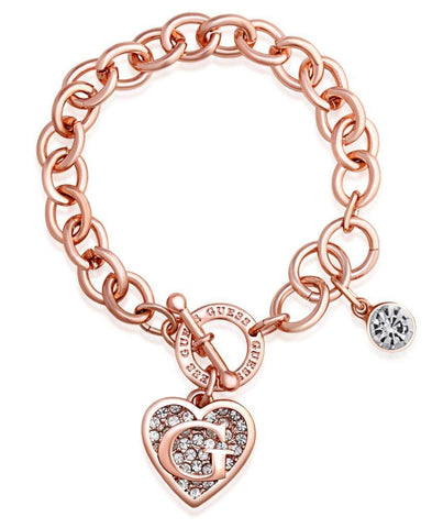 GUESS Rose Gold-Tone Round Link Chain Bracelet with Heart & Logo Charms, One Size, Base Metal, No Gemstone
