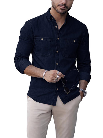 Mens Button Down Denim Shirts Long Sleeve Collared Casual Work Regular Fit Jean Shirt Tops Navy Blue