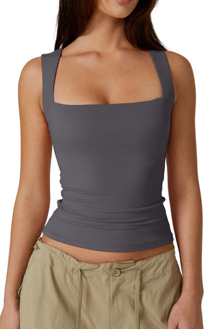 QINSEN Women's Summer Tank Tops Square Neck Sleeveless Slim Fitted Going Out Shirts Dark Grey XS