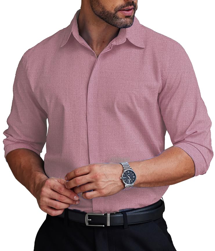 COOFANDY Mens Business Casual Shirt Covered Placket Button Up Long Sleeve Performance Suit Shirt for Men Relaxed Fit No Wrinkle Fitted Wedding Outfits Light Pink XL