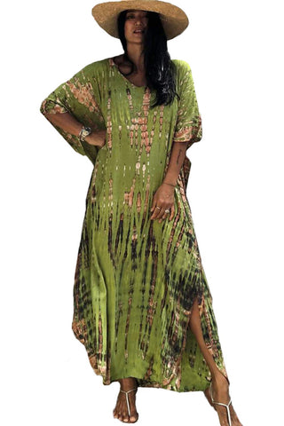 YouKD Summer Floral Long Kaftan Bohemian Loungewear Beach Swimsuit Cover Up Maxi Robe for Women B Green