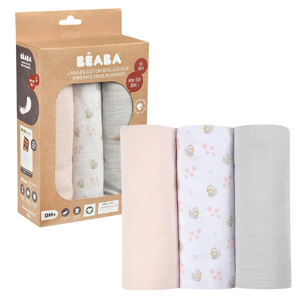 BÃ‰ABA, Set of 3 Baby Swaddle Cloths, Organic Cotton Muslin, Multi-Purpose: Swaddle Blanket, Bib, Travel Blanket, Comforter, Ultra Soft, Breathable, Large, 70x70, Eco-Friendly and Safe, Swan Print