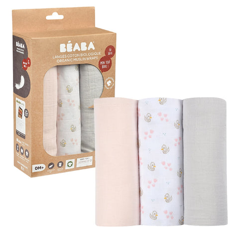 BÃ‰ABA, Set of 3 Baby Swaddle Cloths, Organic Cotton Muslin, Multi-Purpose: Swaddle Blanket, Bib, Travel Blanket, Comforter, Ultra Soft, Breathable, Large, 70x70, Eco-Friendly and Safe, Swan Print