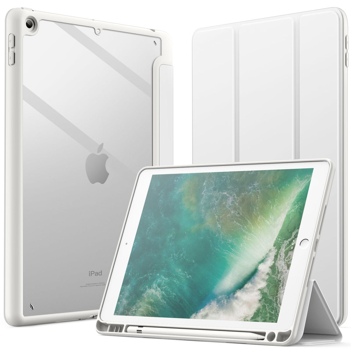JETech Case for iPad 9.7-Inch (6th/5th Generation, 2018/2017) with Pencil Holder, Clear Transparent Back Shell Slim Stand Shockproof Tablet Cover, Auto Wake/Sleep (White)