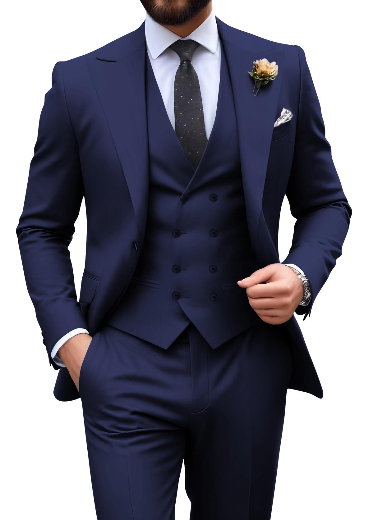 Mens Suit Slim Fit 3 Piece Double Breasted Suit Men Formal Tuxedo Set Casual Wedding Prom Groom Suits, 3pcs-navy Blue, XS