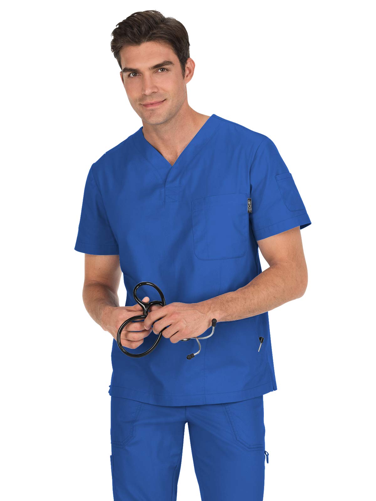 KOI Jason Henley-Neck Men's Scrub Top with 4 Pockets and Pen Slot, Royal, Small