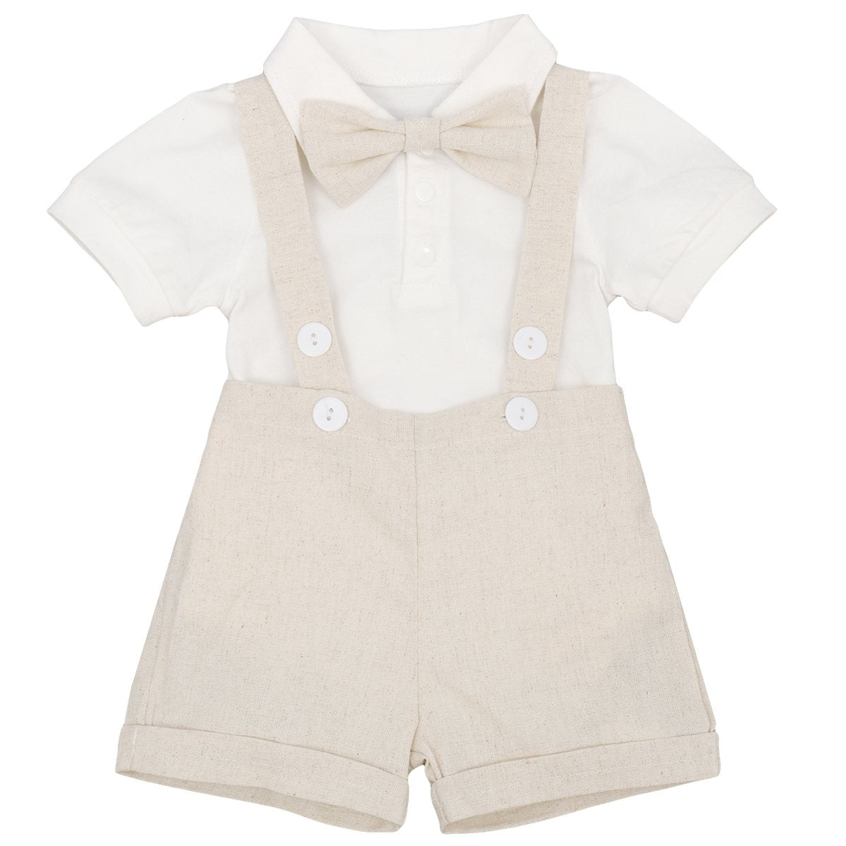 Baby Boys Formal Suit Cake Smash Outfit 1st/2nd Birthday Party Romper Shirt + Suspenders Shorts Bib pants + Bowtie 3Pcs Set Summer Wedding Baptism Christening Clothes for Photo Shoot Khaki 6-12M