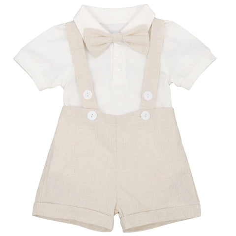 Baby Boys Formal Suit Cake Smash Outfit 1st/2nd Birthday Party Romper Shirt + Suspenders Shorts Bib pants + Bowtie 3Pcs Set Summer Wedding Baptism Christening Clothes for Photo Shoot Khaki 6-12M