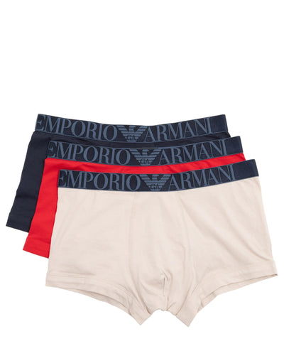 Emporio Armani Men's Stretch Cotton Shiny Logoband 3-Pack Trunk, Nude/RED/Marine, S (Pack of 3)