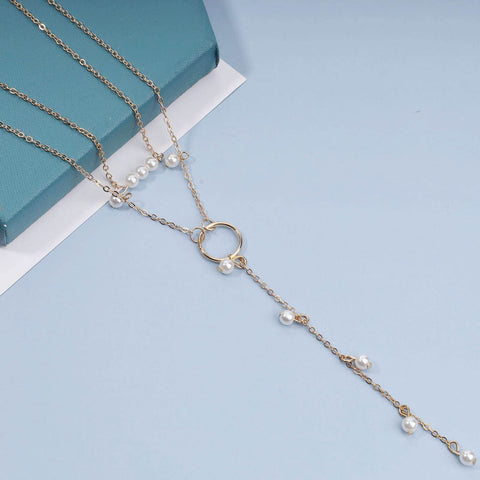 Yheakne Boho Circle Pearl Lariat Necklace Gold Long Lariat Chain Necklace Tiny Pearl Choker Necklace Drop Pearl Chain Y Necklace Jewelry for Women and Girls Gifts