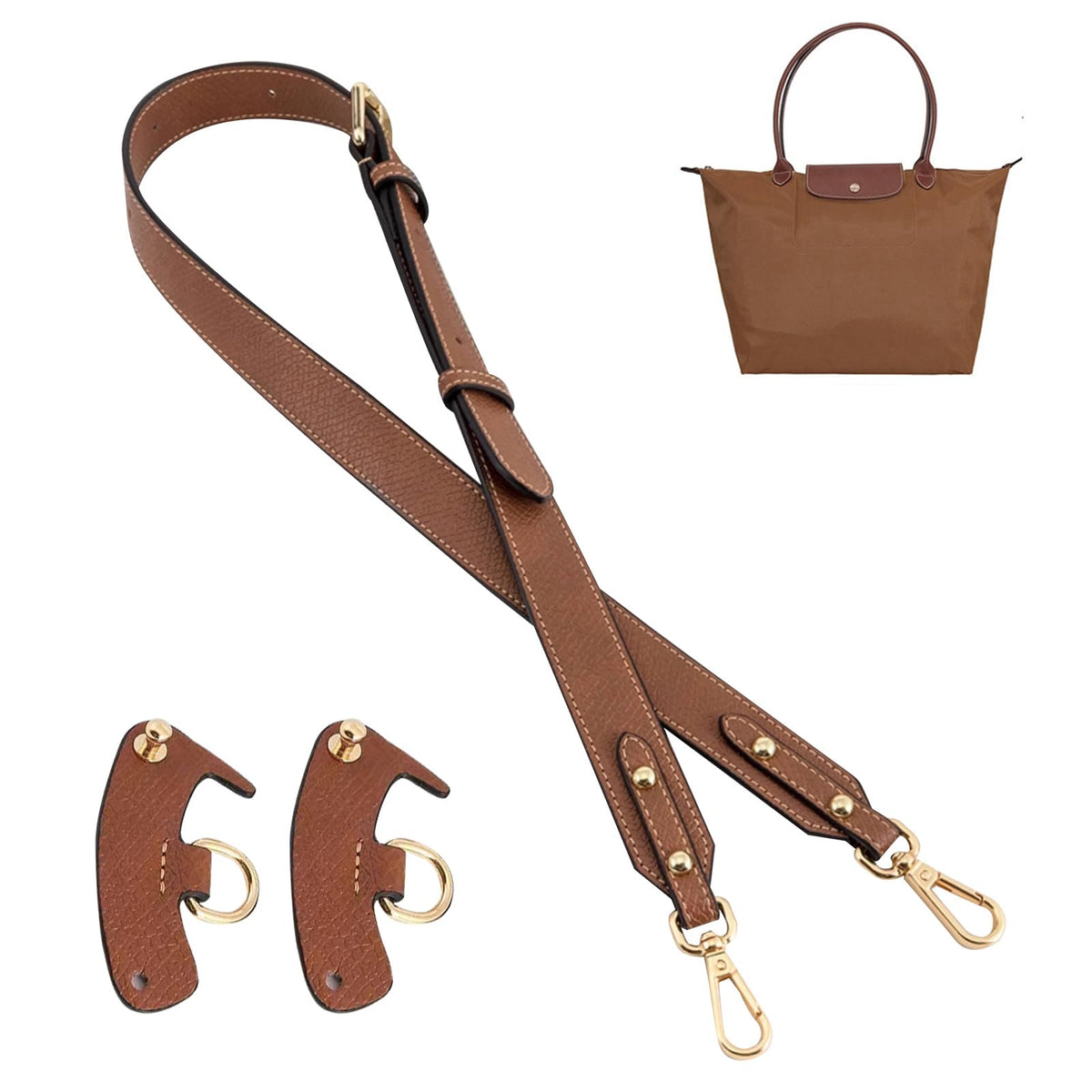 jiesinlov Bags Straps Replacement Crossbody Shoulder Strap for Longchamp Small Le PLIAGE (Brown Leather Gold Buckles)