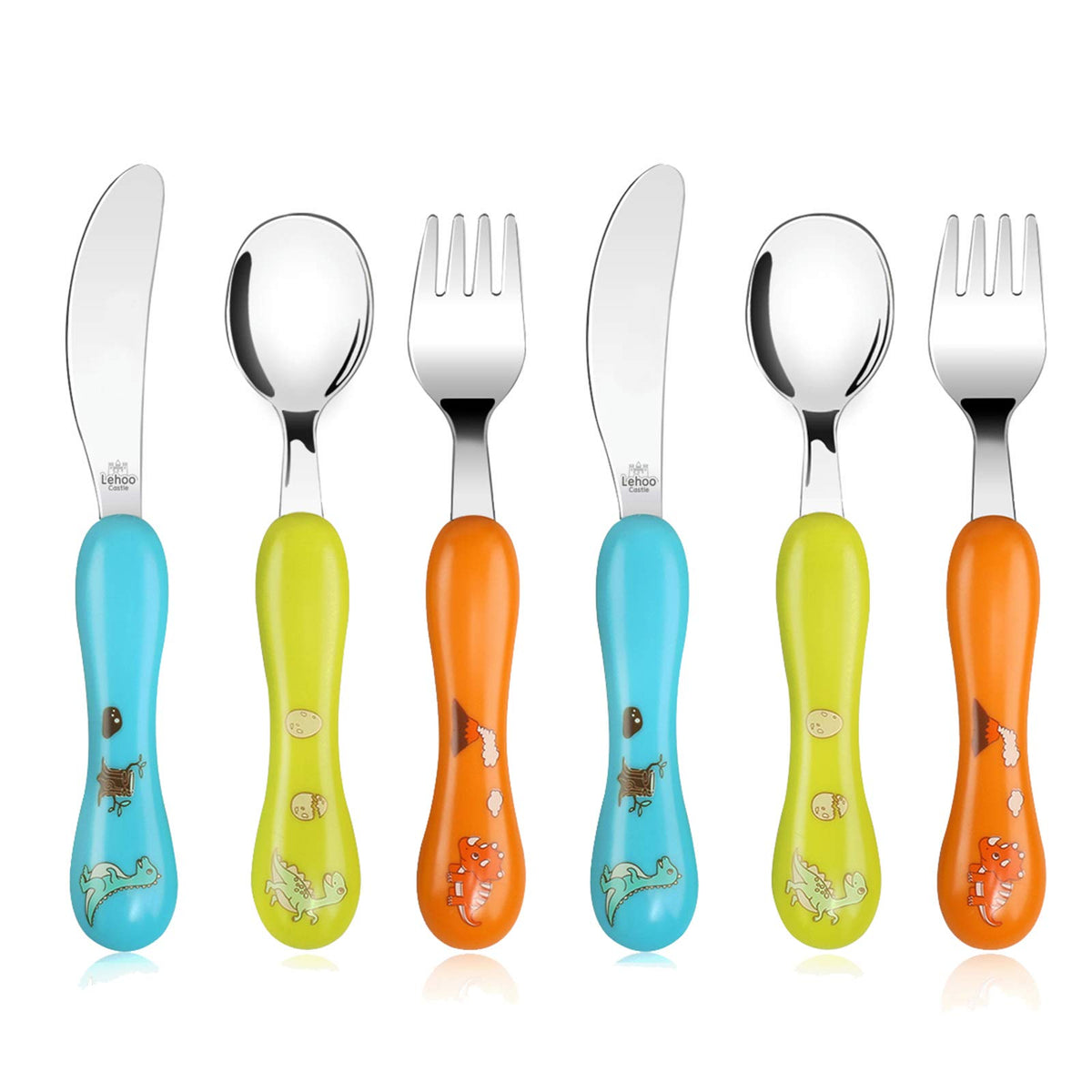 Lehoo Castle Toddler Cutlery, 6pcs Stainless Steel Dinosaurs Children's Cutlery Kids Cutlery Flatware, Incudes 2 x Spoons, 2 x Forks, 2 x Knives
