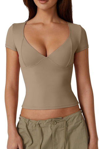 QINSEN Women's Summer Short Sleeve Basic T Shirt Seamed Cup Double Lined Tees Slim Fit Tops,Taffy Large