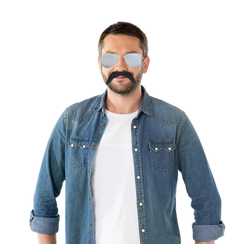 Lezevn 2 Pieces Adults 80s Rock Star Accessories Silver White Sunglasses Black Moustache Fancy Dress Vintage Costume Sets