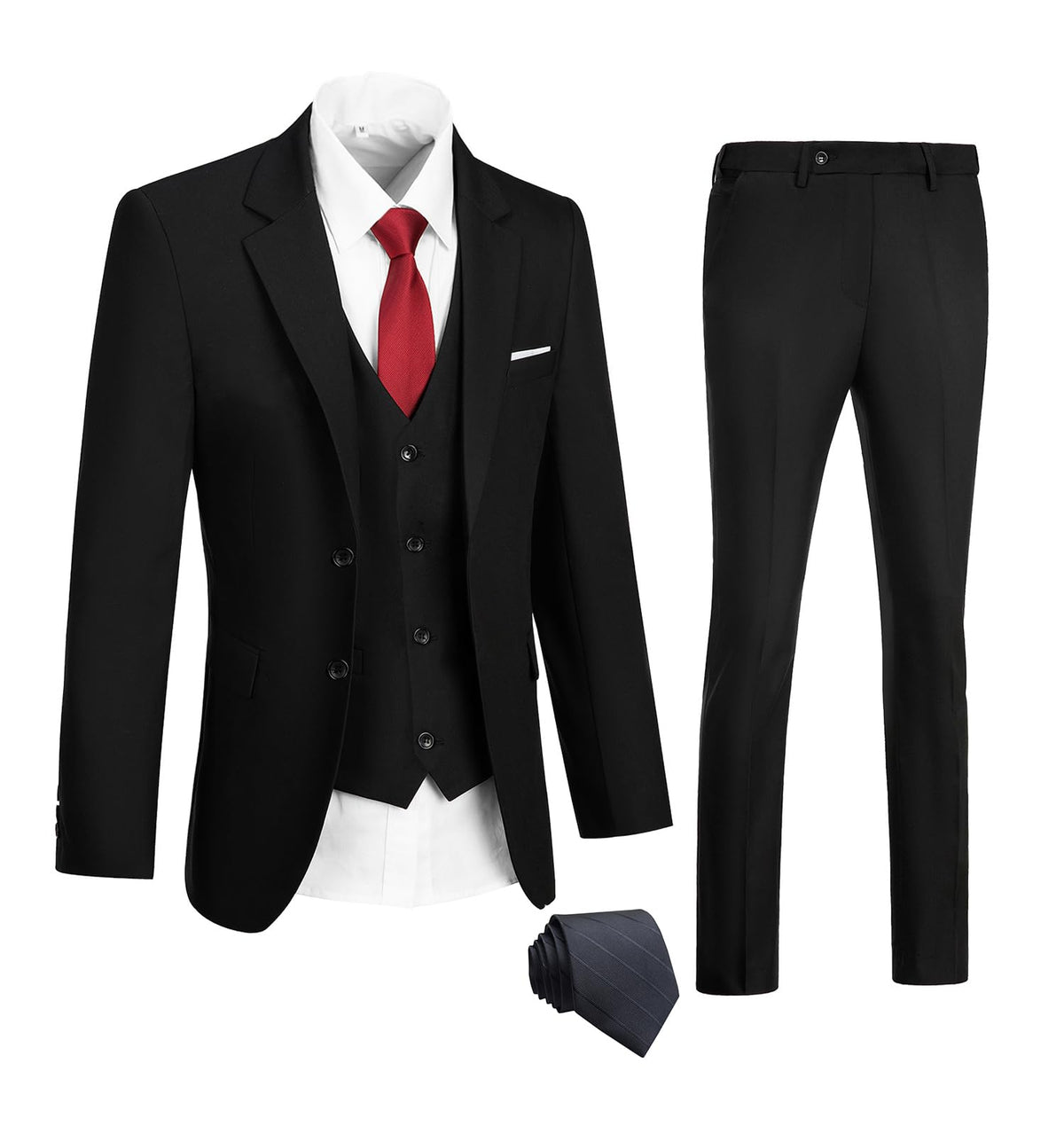DOISPON Men's Suits Slim Fit 3 Piece 2 Buttons Solid Jacket Vest Pants with Tie Wedding Business Suit for Men Black Medium