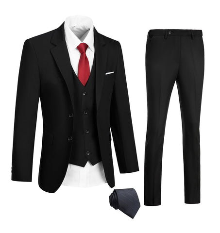 DOISPON Men's Suits Slim Fit 3 Piece 2 Buttons Solid Jacket Vest Pants with Tie Wedding Business Suit for Men Black Medium
