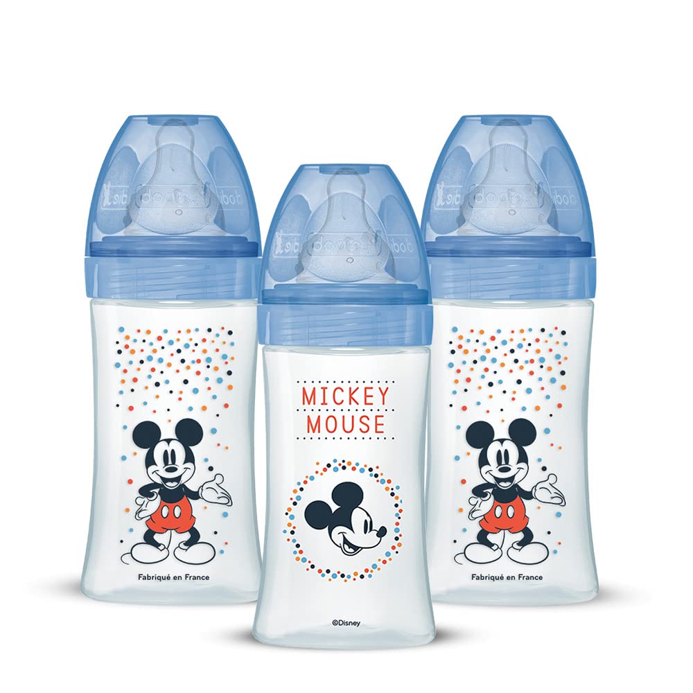 Dodie Set of 3 Anti-Colic Initiation+ Bottles, Mickey, 270 ml, 0-6 Months, Round Teat, Flow 2 Dodie - Juego of 3 Anti-CÃƒÆ’Ã†â€™Ãƒâ€šÃ‚Â³lico IniciaciÃƒÆ’Ã†â€™Ãƒâ€šÃ‚Â³n + Bottles, 270 ml, 0-6 Meses, Chupete Redondo, Caudal 2, Blue
