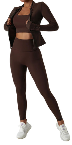 Yknktstc Womens Two Piece Tracksuit Set Long Sleeve Zipper Jacket with Athletic High Waist Leggings Workout Set Medium Brown