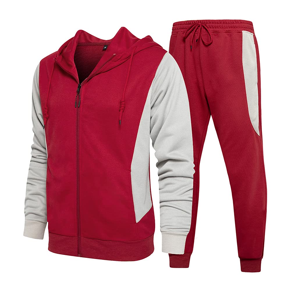 MANTORS Men's Hooded Athletic Tracksuit Casual 2 Pieces Suits Color Block Hoodies and Sweatpants Set, 101red, XX-L