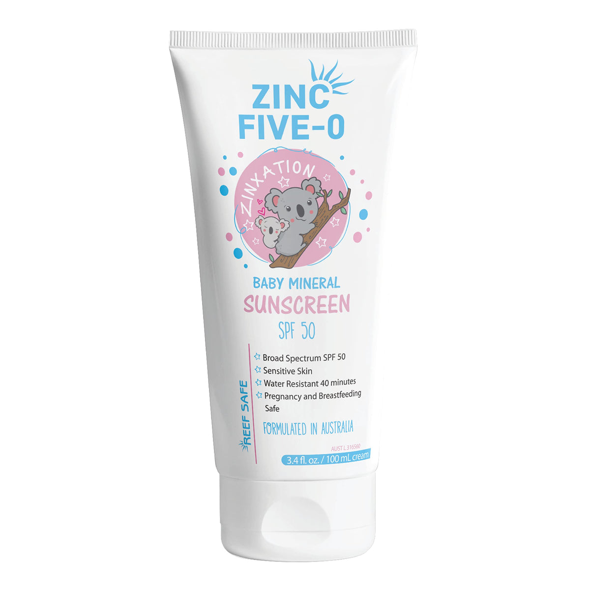 Zinc Five-0 Baby Mineral Sunscreen SPF50-100% Zinc Oxide Active Ingredient - Pregnancy Safe - Infant Safe UVA UVB UVC