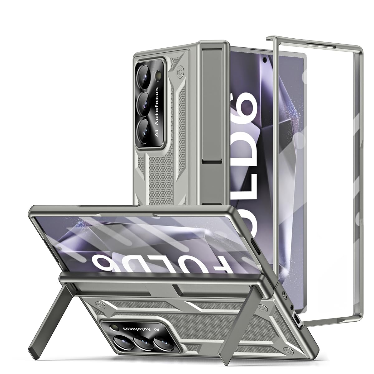 XIMAND for Samsung Galaxy Z Fold 6 Armor Protect Case,Bulit-in[Double Kickstand] [Screen & Lens Protection] [Hinge Protection] Heavy Shockproof & Military Full Body Drop Fall Protection.(Grey)