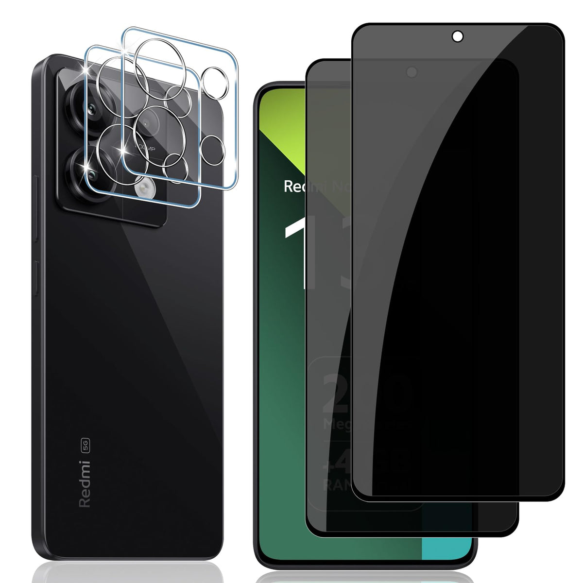 Locofun Privacy Phone Screen Protector for Xiaomi Redmi Note 13 5G, Anti Spy Tempered Glass with Camera Lens Protection [2+2 Pieces], 9H Hardness Protective Film