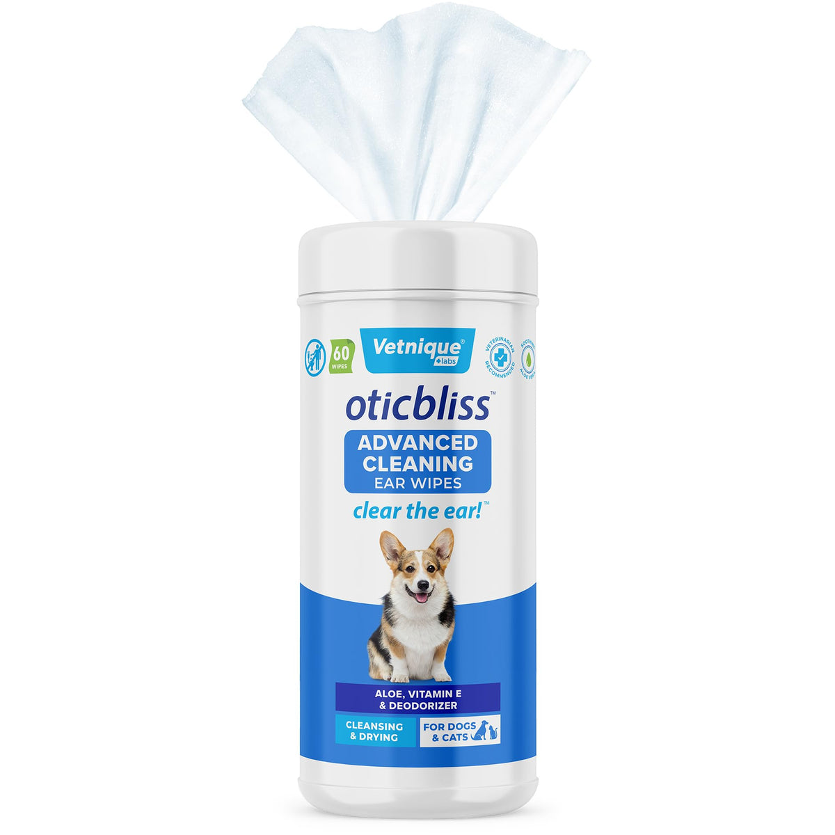 Vetnique Labs Oticbliss Ear Cleaner Wipes/Flushes for Dogs & Cats with Odor Control and Itch Relief Reduces Head Shaking - Clear The Ear (Ear Cleaning Wipes, Advanced Cleaning Large)