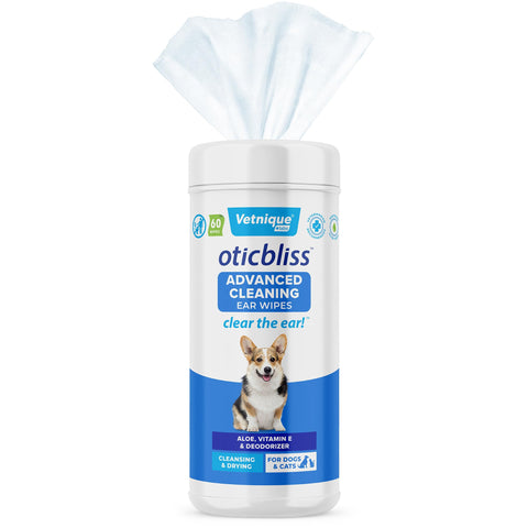 Vetnique Labs Oticbliss Ear Cleaner Wipes/Flushes for Dogs & Cats with Odor Control and Itch Relief Reduces Head Shaking - Clear The Ear (Ear Cleaning Wipes, Advanced Cleaning Large)
