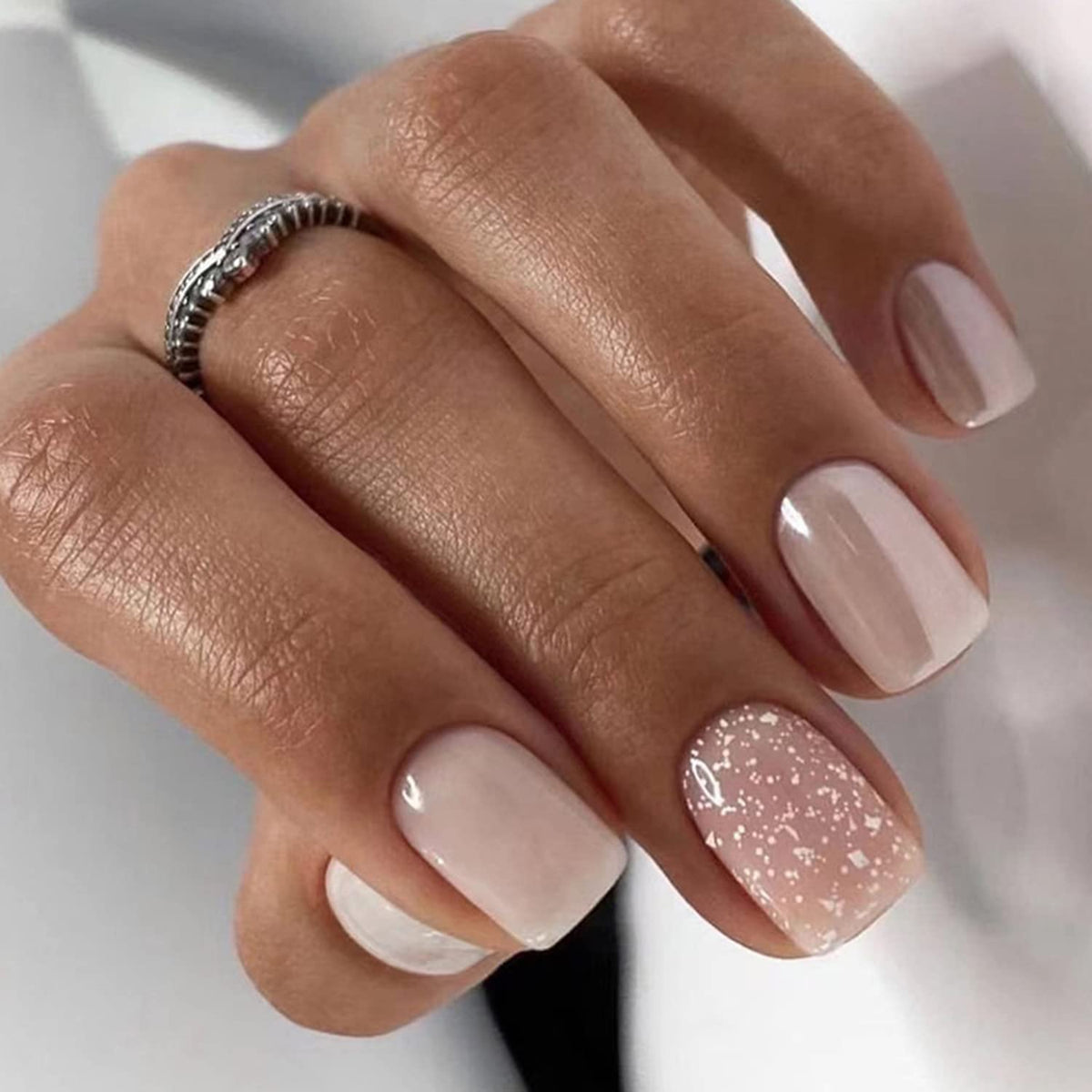 24 Pcs Nude Pink Press on Nails Short Square Fake Nails with Glitter Designs Glossy Short Acrylic Glue on Nails Coffin Shape Full Cover False Nails Artificial Natural Stick on Nails for Women Girls