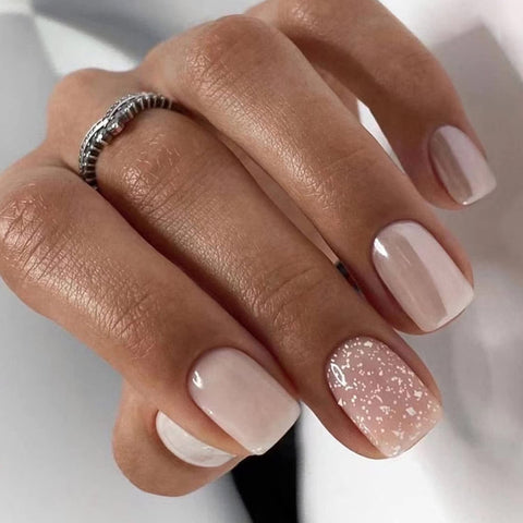 24 Pcs Nude Pink Press on Nails Short Square Fake Nails with Glitter Designs Glossy Short Acrylic Glue on Nails Coffin Shape Full Cover False Nails Artificial Natural Stick on Nails for Women Girls