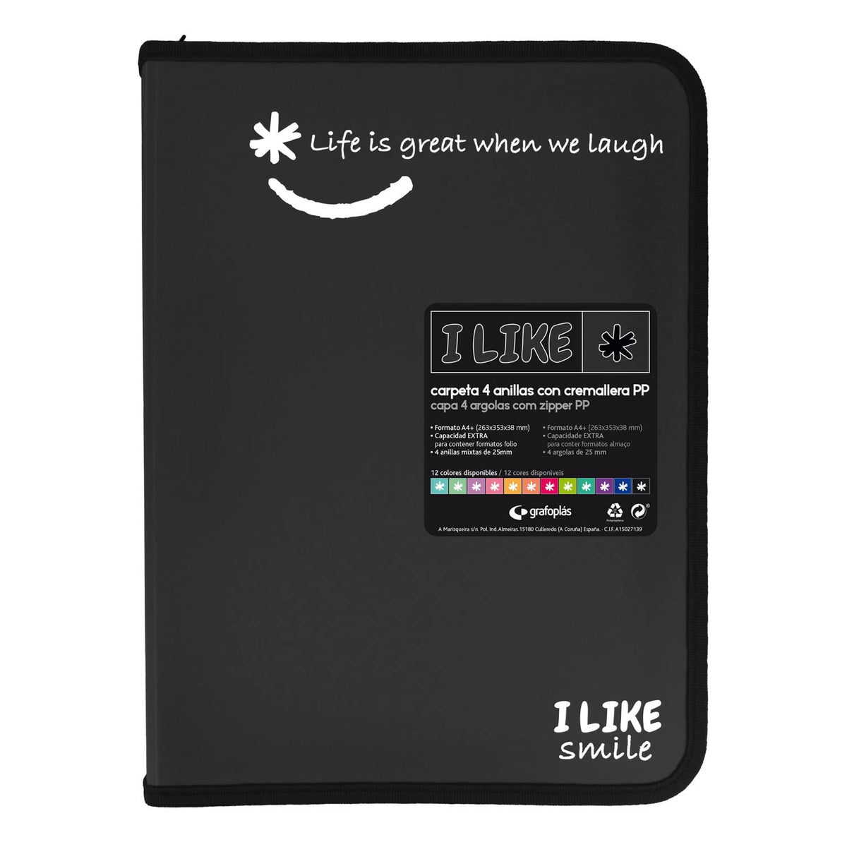 GrafoplÃƒÂ¡s 4800910. Zipper Ring Binder, A4+, Black, 4 Rings 25 mm, Like, Polypropylene