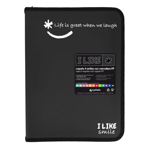 GrafoplÃƒÂ¡s 4800910. Zipper Ring Binder, A4+, Black, 4 Rings 25 mm, Like, Polypropylene