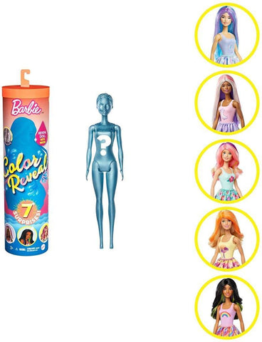 Barbie Color Reveal Doll with 7 Surprises: 4 Mystery Bags Contain Surprise Wig, Skirt, Shoes & Sponge; Water Reveals Metallic Blue DollÃƒÆ’Ã‚Â¢ÃƒÂ¢Ã¢â‚¬Å¡Ã‚Â¬ÃƒÂ¢Ã¢â‚¬Å¾Ã‚Â¢s Look & Creates Color Change on Face & Wig