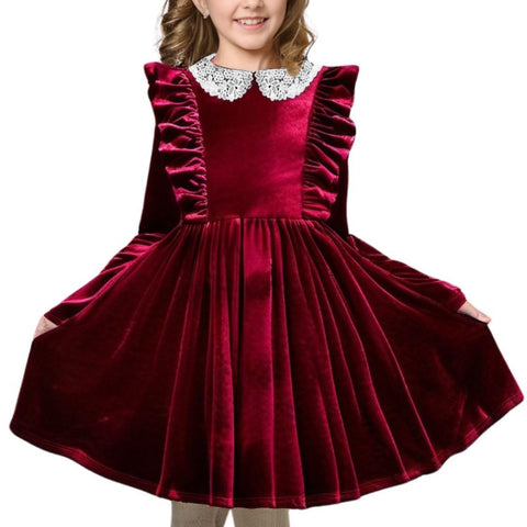 Xumplo Girls Velvet Dress Toddler Girls Christmas Dresses Kids Long Sleeve A-Line Pleated Formal Princess Party Birthday Dress 3-4 Years Red