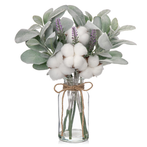 Briful Artificial Lamb's Ear Stems in Glass Vase with Faux Water, 14" Fake Plant Lavender Flower for Home Office Farmhouse Wedding Centerpiece DÃ©cor