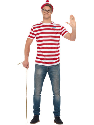 Smiffys Where's Wally Kit, Adults Red & White Hat, Knitted Scarf & Glasses, Official License Set with Tassel Detail Scarf, Perfect for a Themed Parties or World Book Day or Halloween