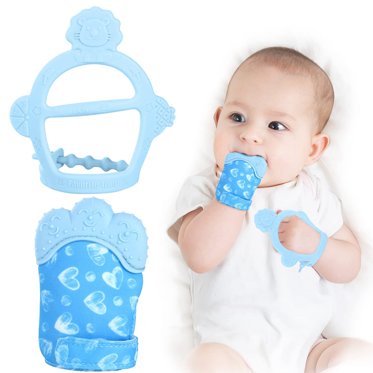 Vicloon Baby Teething Set,Teething Mittens for Baby,Includes Baby Chew Toy and Teething Glove, Silicone Mitten Teether Glove,Infant Soothing Pain Relief Mitt Baby Teether Mits for Baby (Blue)