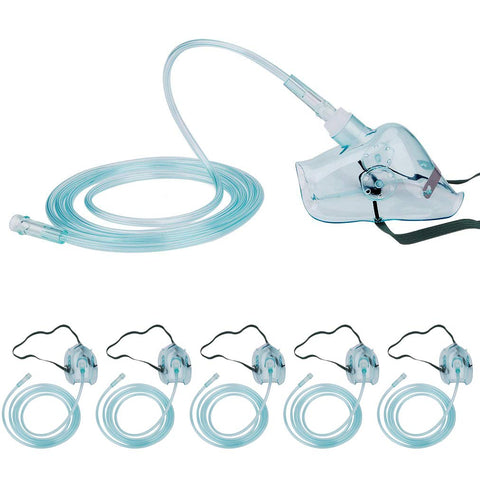5 Pack Oxygen Mask with 6.6' Tubing and Adjustable Elastic Strap - Pediatric Elongated Size M