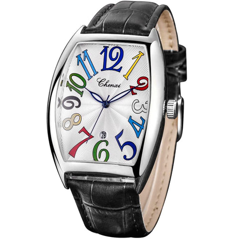 Tiong Square Black Leather Band Men's Luminous Design Quartz Watch, White Arabic Numerals Digital Quartz Leather Band Watch with Box for Men