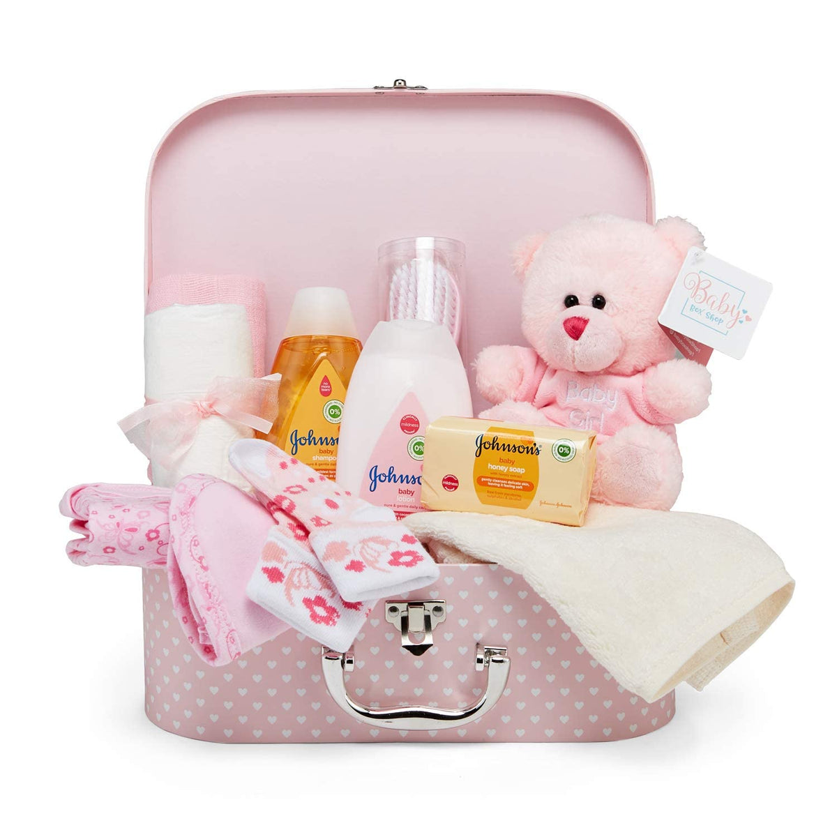 Baby Box Shop - 11 Newborn Baby Girl Gifts, Ideal for Baby Shower Gifts & Christenings - Baby Hamper in Pink Includes Baby Essentials for Newborn Girl & Plush Teddy Bear (Pink)