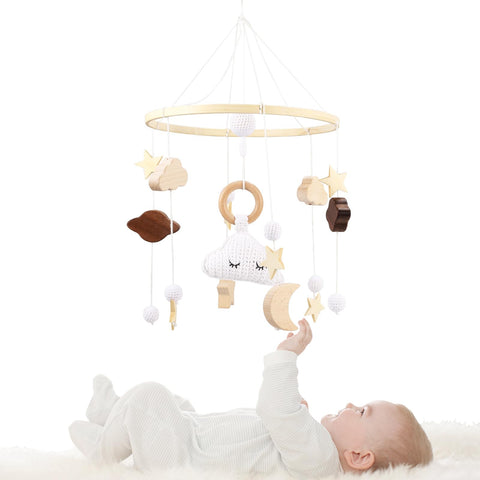 Baby Crib Mobile, Baby Mobile For Cot, Baby Bed Mobile, Wind Chime with Clouds Moon Stars Felt Ball, Baby Cot Mobile, Handmade Wood Crochet Mobile, Nursery Bed Bell Hanging Pendant Decor, Newborn Gift